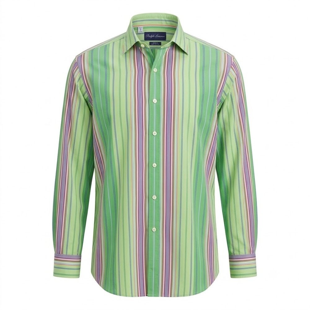 Ralph Lauren Purple Label Green Multicolor Stripe Cotton Shirt 17 XL Long Sleeve